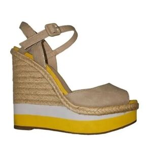 Elle Sandals Womens 7.5M Eleverly Yellow Espadrille Beige Faux Leather Open Toe